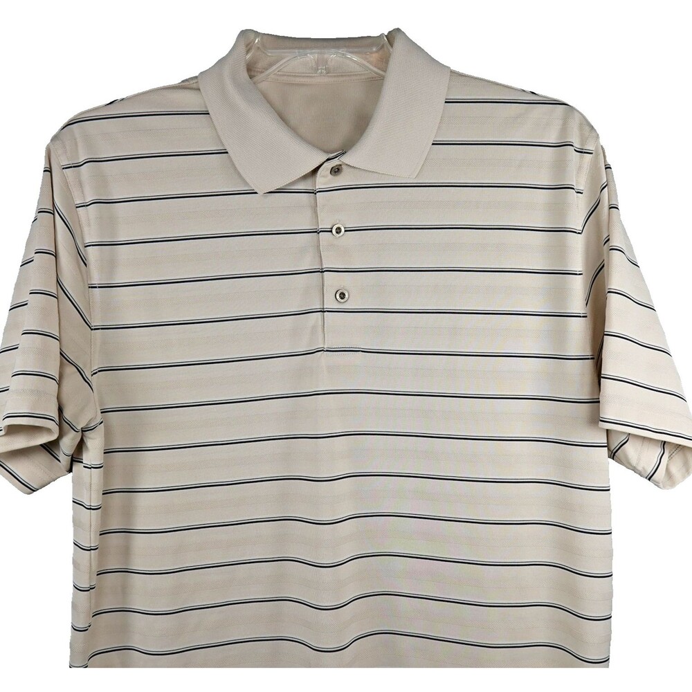 PGA Tour Golf Polo Shirt Mens Sz Large Beige & Black Striped Short Sleeve